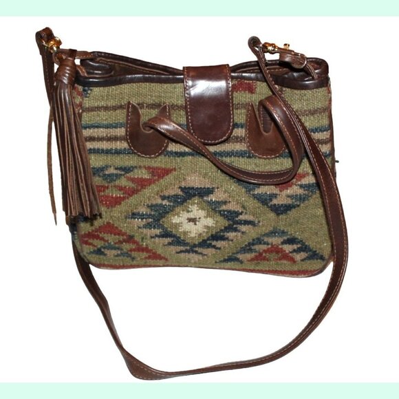 Woven Tapestry wool & leather shoulder bag Aztec print Southwest Crossbody purse - Picture 2 of 11